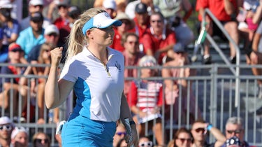 Matilda Castren pumps her fist after winning her match and retaining the Solheim Cup for Europe.