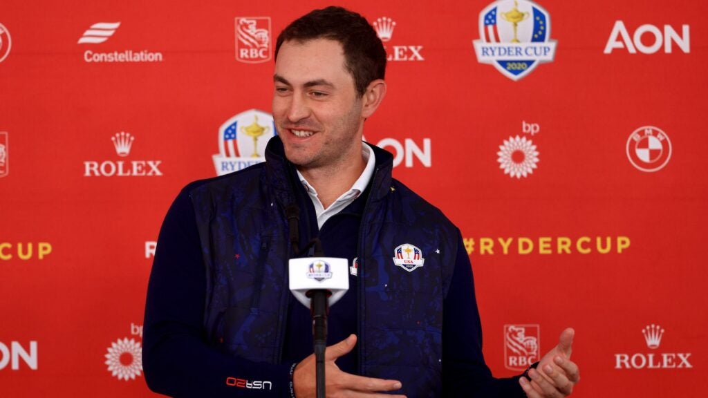 KOHLER, WISCONSIN - SEPTEMBER 22: Patrick Cantlay of team United States speaks to the media prior to the 43rd Ryder Cup at Whistling Straits on September 22, 2021 in Kohler, Wisconsin. (Photo by Mike Ehrmann/Getty Images)