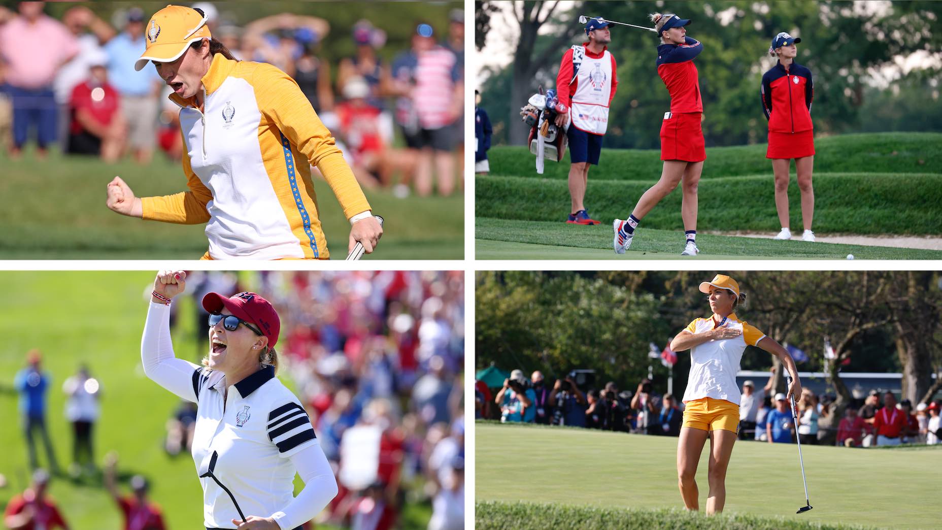 TOLEDO, OHIO - SEPTEMBER 05: Leona Maguire of Team Europe reacts to her putt on the 14th green during the Foursomes Match on day two of the Solheim Cup at the Inverness Club on September 05, 2021 in Toledo, Ohio. (Photo by Gregory Shamus/Getty Images)