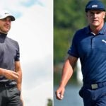 Split image of golfers Bryson DeChambeau and Brooks Koepka walking on golf courses