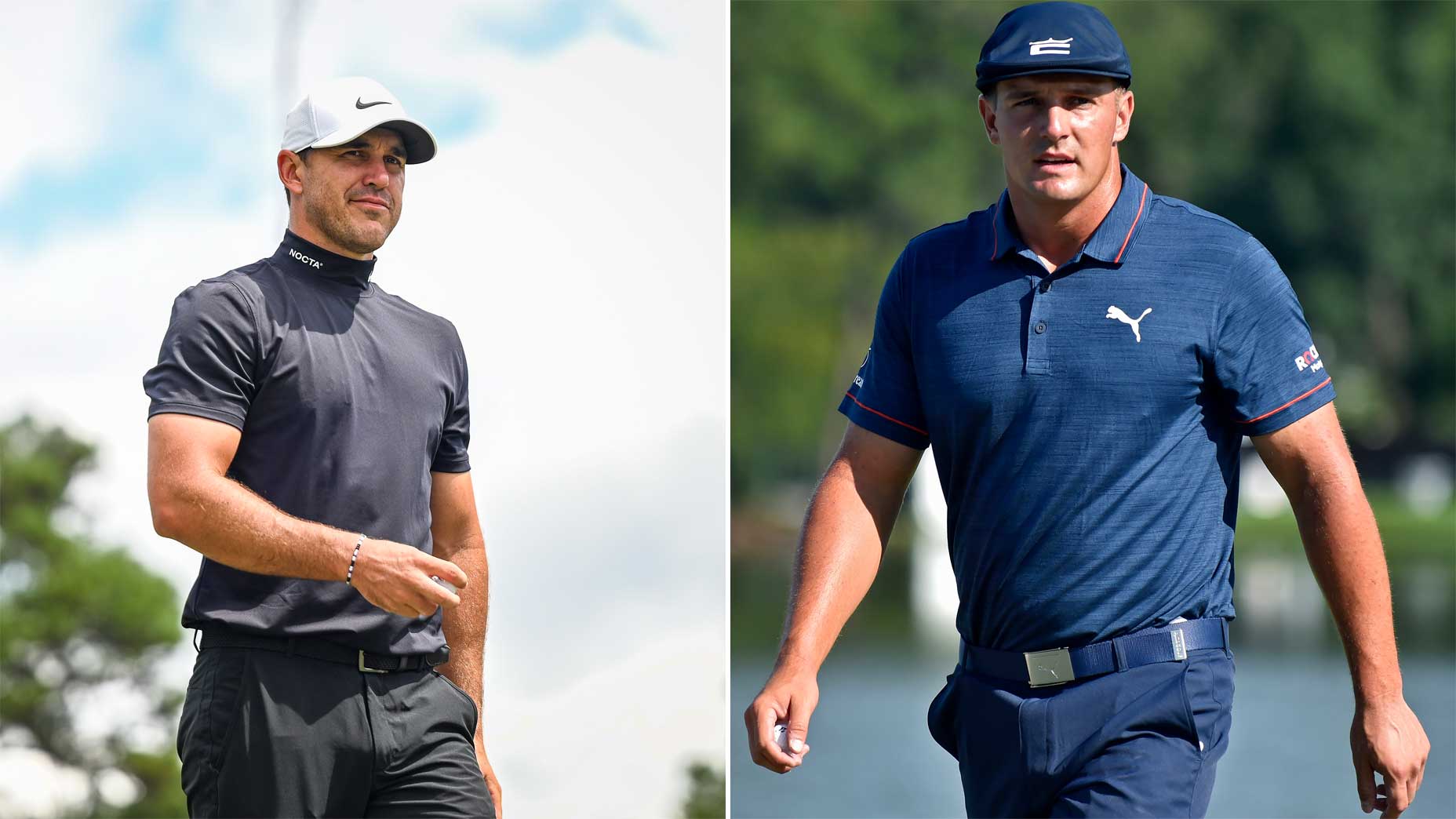 Split image of golfers Bryson DeChambeau and Brooks Koepka walking on golf courses