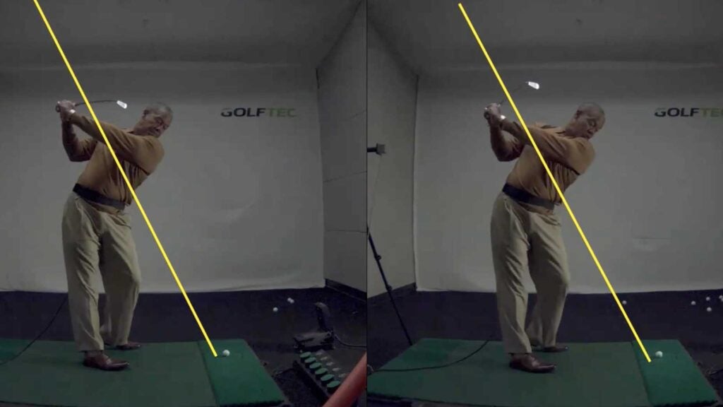 A golfer takes a swing at GOLFTEC.