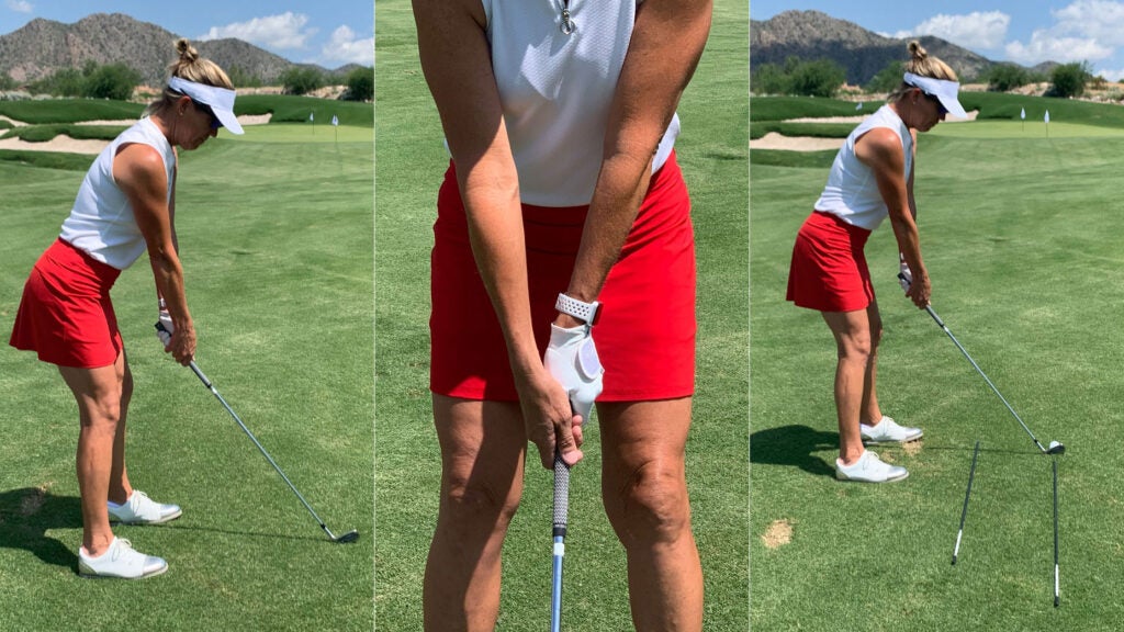 Composite photo of three images showcasing a golfer's posture, grip and alignment