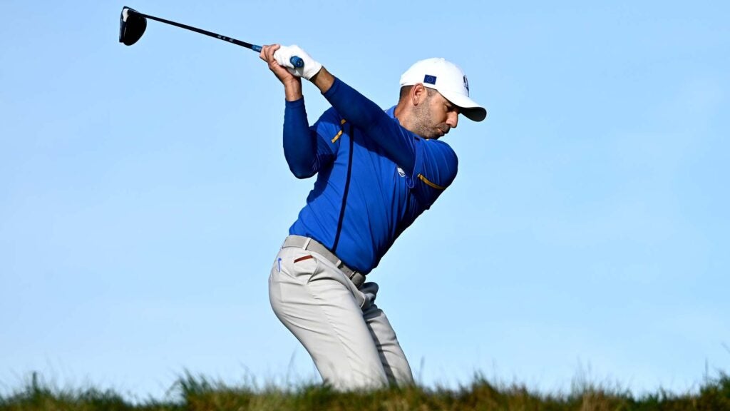 Sergio Garcia hits a driver shot at the 2021 Ryder Cup at Whistling Straits