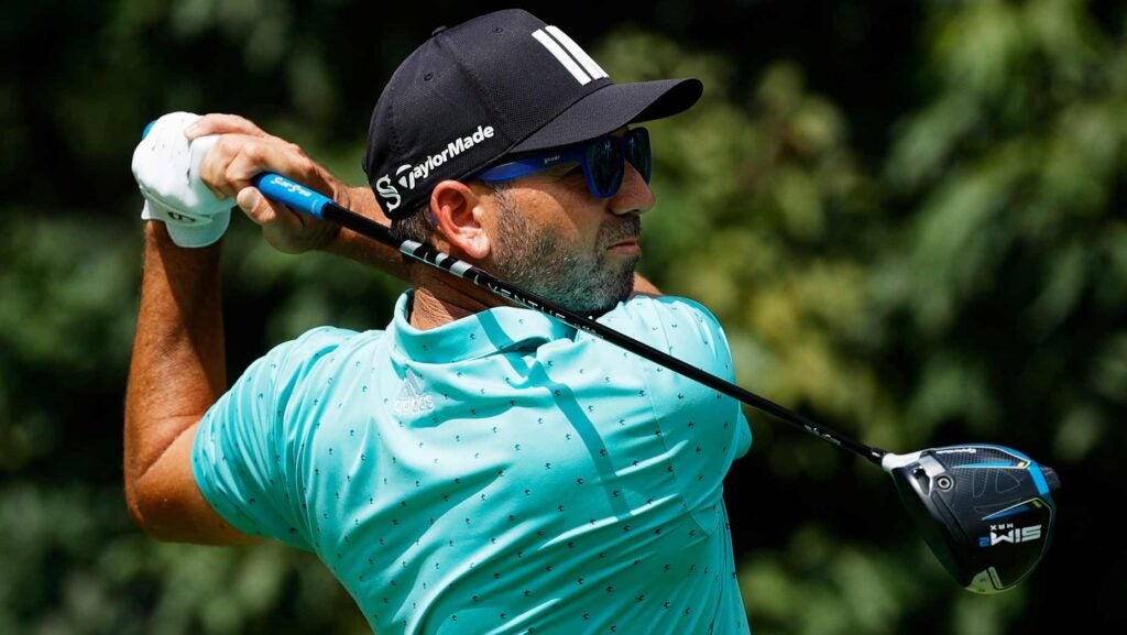 Sergio Garcia holds pose after hitting driver at the 2021 BMW Championship