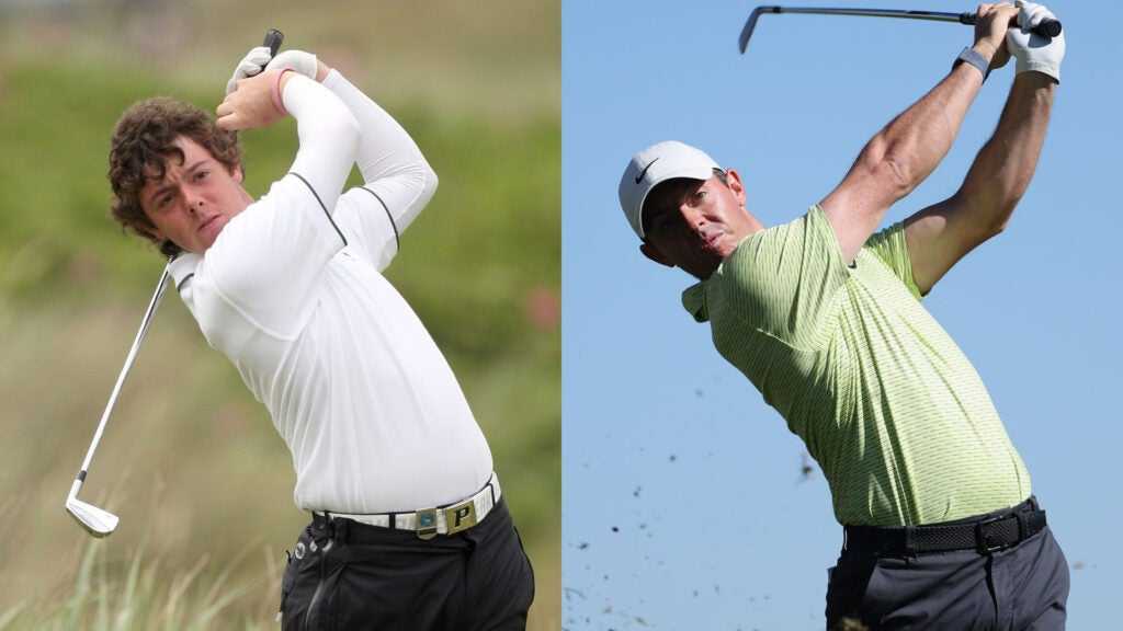 Two frames of Rory McIlroy swinging a golf club, the left in 2010 and the right in modern day