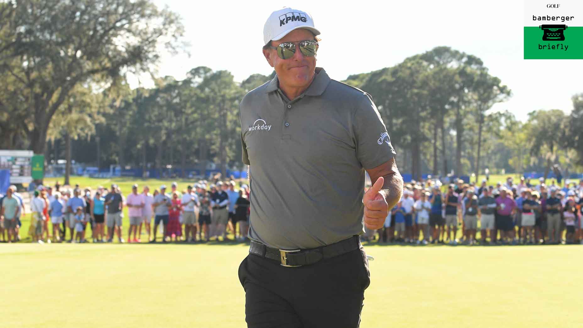 Phil Mickelson shows a thumbs up after winning the Champions Tour