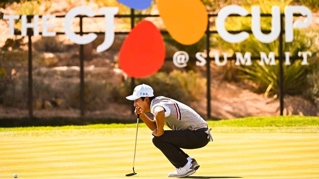Hanbyeol Kim plays during a practice round prior to The CJ Cup at The Summit Club in Las Vegas, Nevada.
