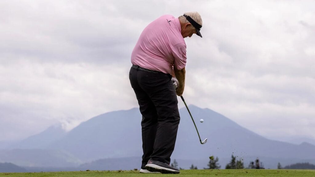 Colin Montgomerie plays a tee shot during 2021 Boeing Classic