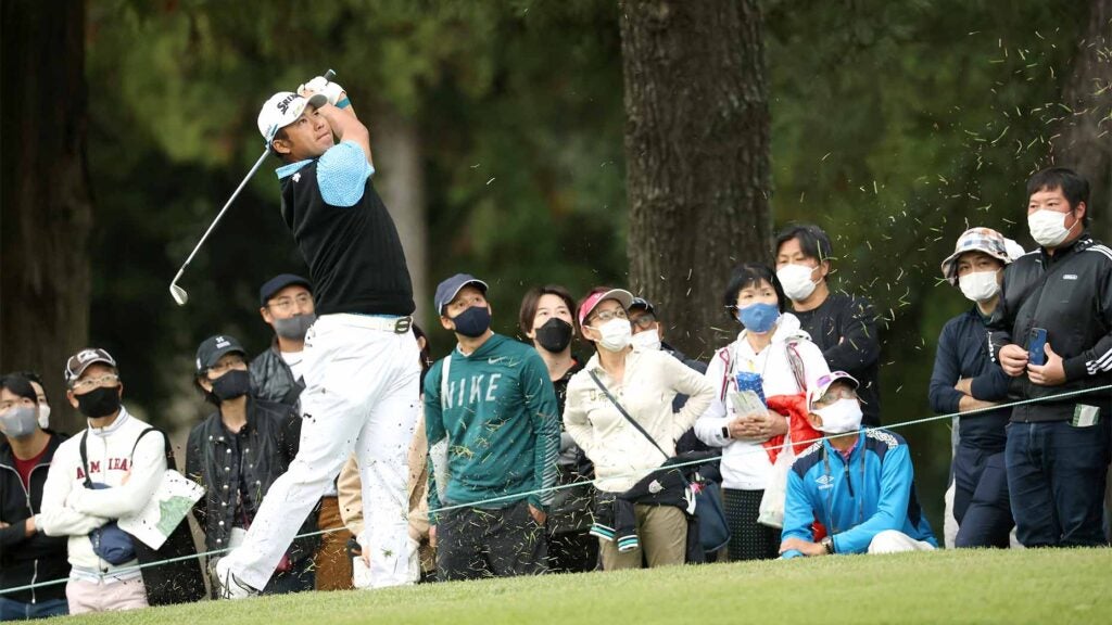Hideki Matsuyama hits his second shot on the 15th hole during the first round of the Zozo Championship