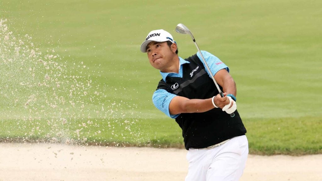 Hideki Matsuyama hits out of a bunker during the first round of the 2021 Zozo Championship in Japan