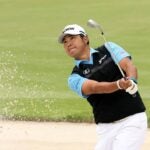 Hideki Matsuyama hits out of a bunker during the first round of the 2021 Zozo Championship in Japan