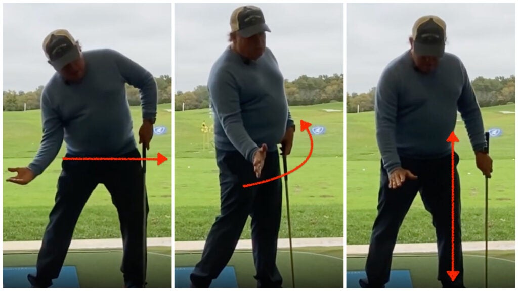 Golf instructor Mike Adams demonstrates swing dynamics in three panels