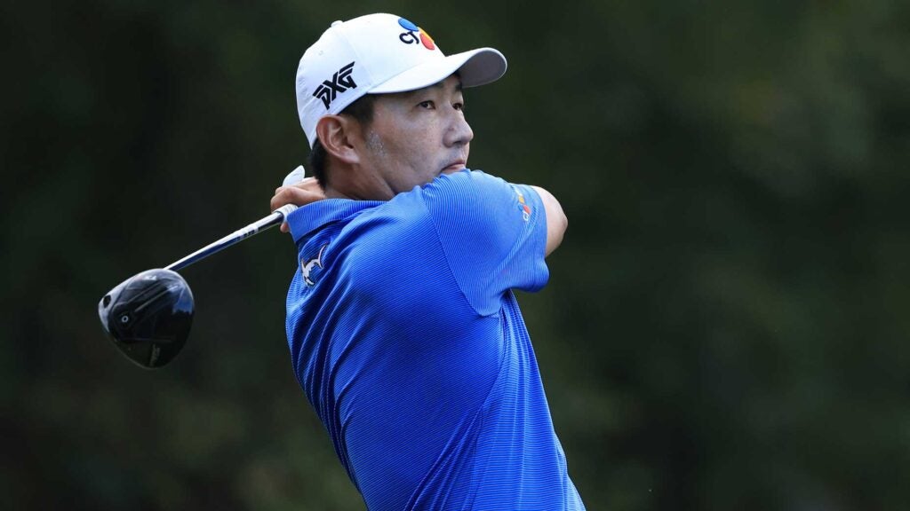 Sung Kang hits tee shot on 16th hole during 2021 Sanderson Farms Championship