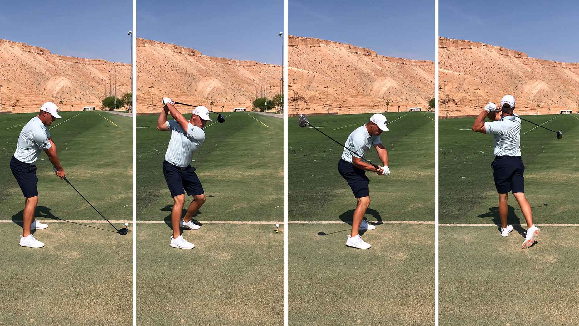Four pictures of Bryson Dechambeau's swing sequence at the 2021 World Endurance Championships