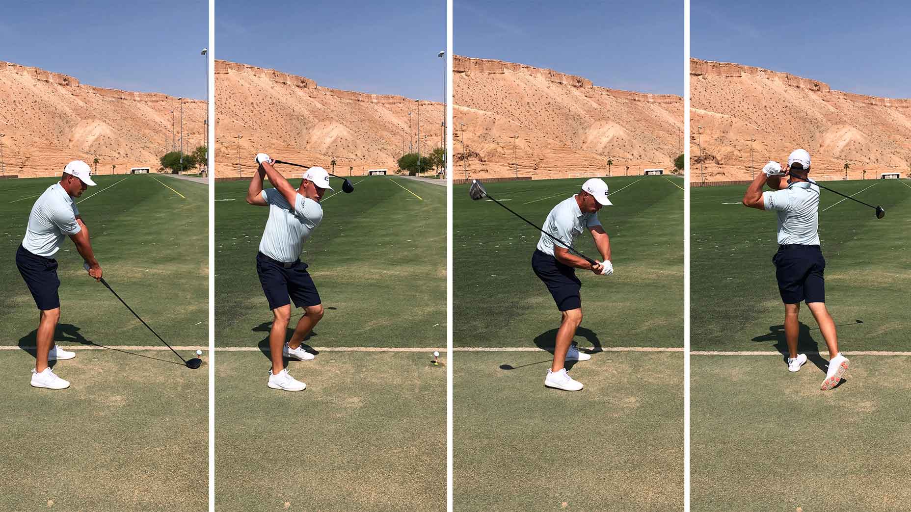 Four frames of bryson dechambeau's swing sequence at the 2021 world long drive championships