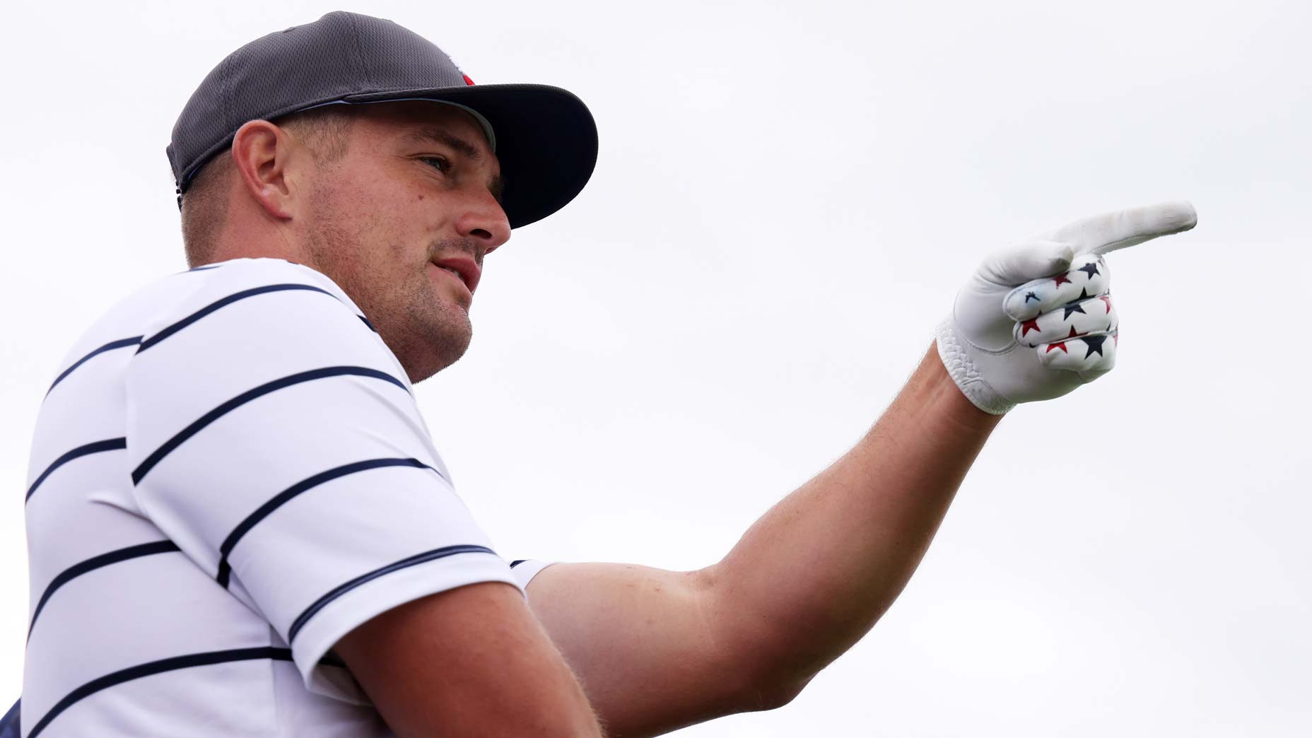 Bryson DeChambeau points with his golf glove ahead of the 2021 Ryder Cup at Whistling Straits