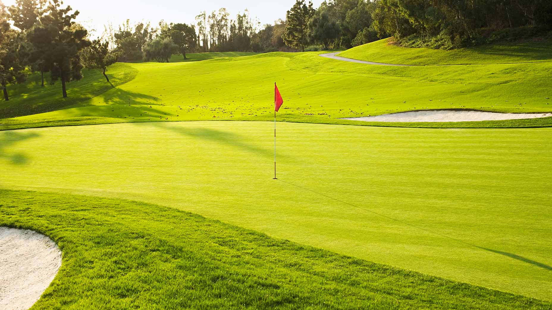 A golf green with a red flagstick shot from behind.