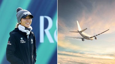 Split image of lpga pro lydia ko at golf tournament and an airplane flying away