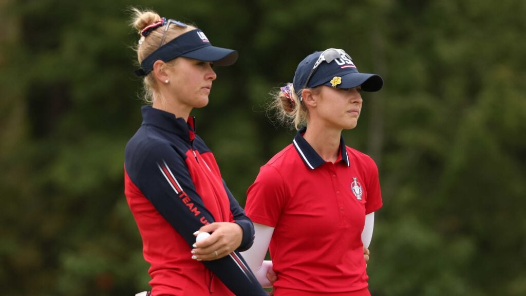 Jessica Korda of Team USA and Nelly Korda of Team USA prepare to putt on the seventh green during the first round of the Solheim Cup at the Inverness Club on September 04, 2021 in Toledo, Ohio.