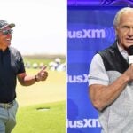 split image of phil mickelson waling down a golf course and and greg norman pointing toward camera in press conference