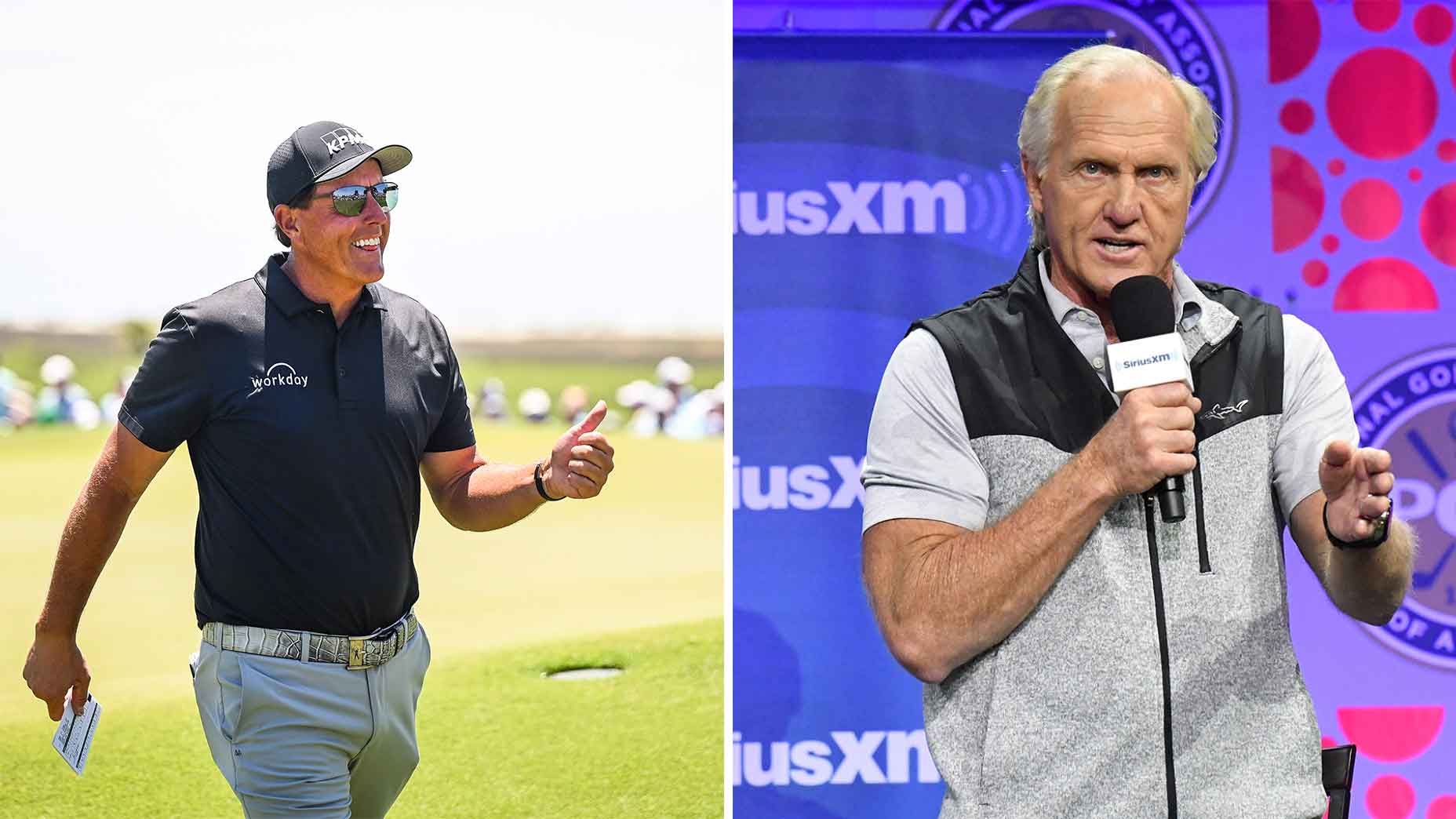 split image of phil mickelson waling down a golf course and and greg norman pointing toward camera in press conference