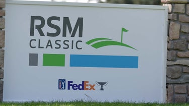 2021 RSM Classic sign seen on 1st tee at Sea Island Resort's Seaside course during the 2021 RSM Classic