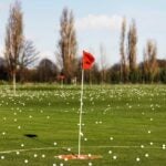 Practice golf balls lie on driving range target green