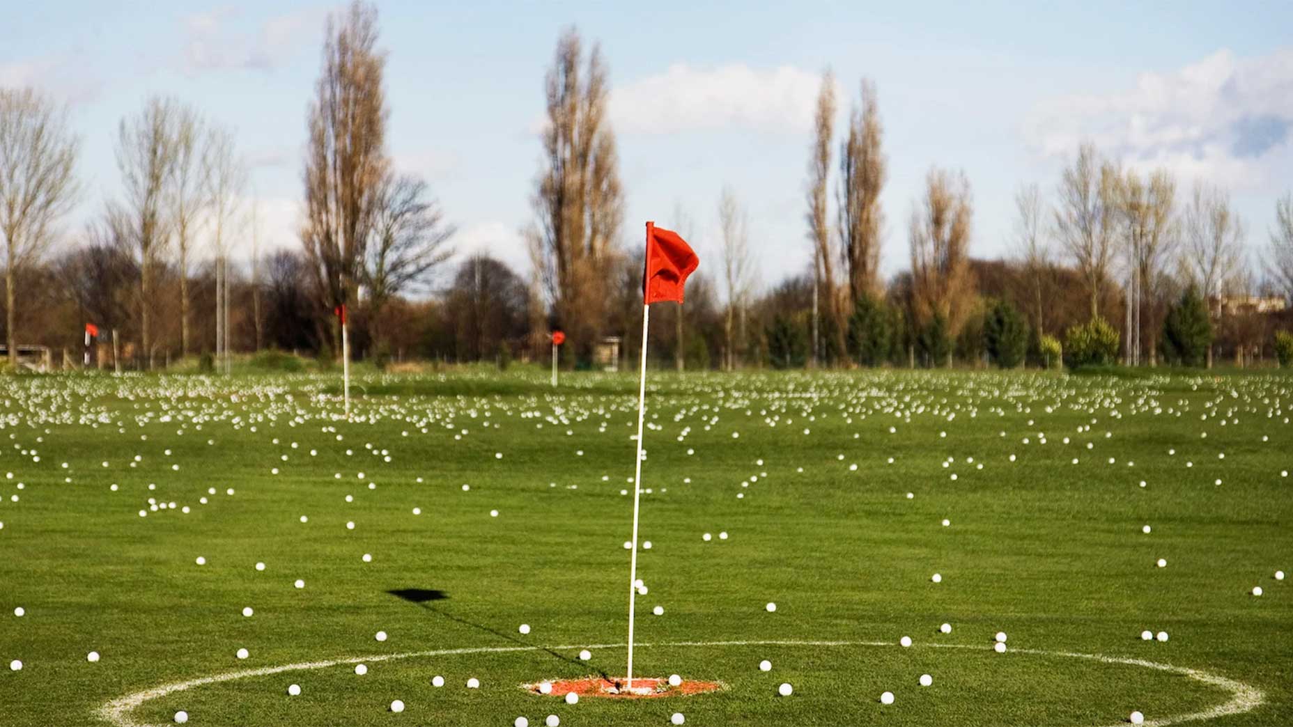 Practice golf balls lie on driving range target green