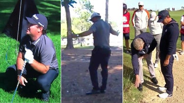 Three frames of golfers Patrick Reed, Phil Mickelson and Brooks Koepka during golf rulings in 2021