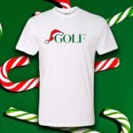GOLF Santa T-shirt on green background with candy canes
