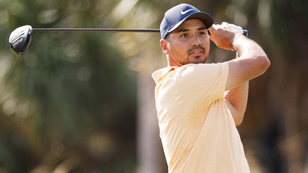 Jason Day hits a driver shot during Round 1 of the 2021 QBE Shootout