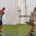 Golf instructor demonstrates drill with snow shovel