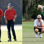 Tiger Woods, John Daly and their sons read putts at the 2021 PNC Championship.