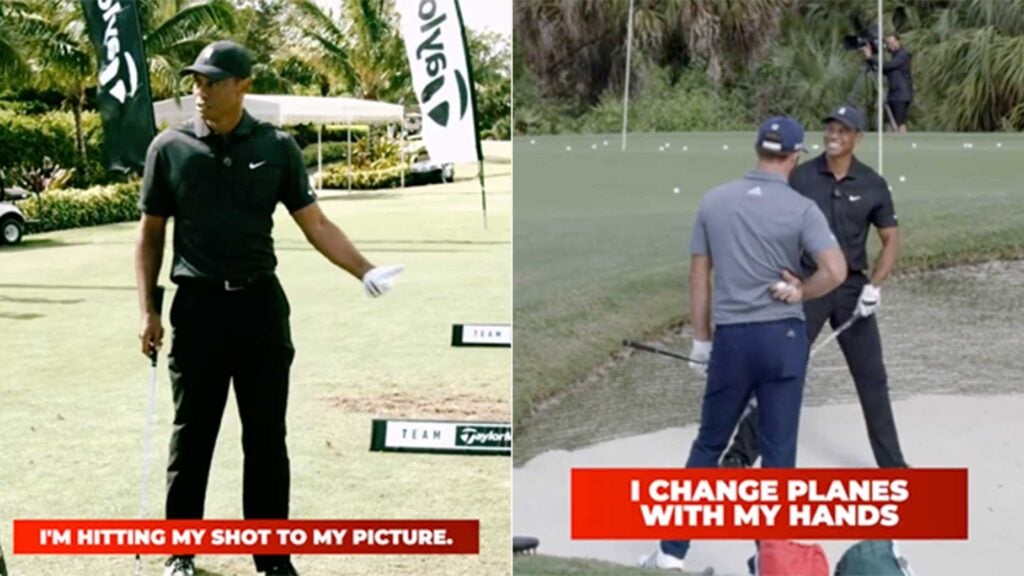Tiger Woods talks golf during a TaylorMade shoot.