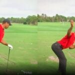 Split screen of Tiger Woods practicing new swing move at 2021 PNC Championship