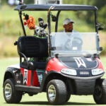 Tiger Woods drives his golf cart during a practice round for The Match: Champions For Charity at Medalist Golf Club on May 23, 2020 in Hobe Sound, Florida