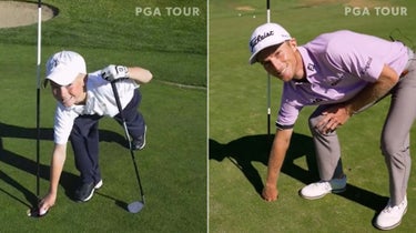 Will Zalatoris making a hole in one at age 8 (left) and recently as a pro