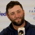 LA JOLLA, CALIFORNIA - JANUARY 25: Jon Rahm of Spain speaks to the media prior to The Farmers Insurance Open at Torrey Pines Golf Course on January 25, 2022 in La Jolla, California. (Photo by Sam Greenwood/Getty Images)