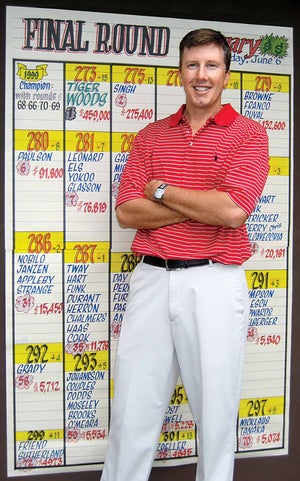 Casey Jones in front of his summary board at Jack’s house, the 1999 Memorial Tournament in Dublin, Ohio. Note the winner: Tiger!
