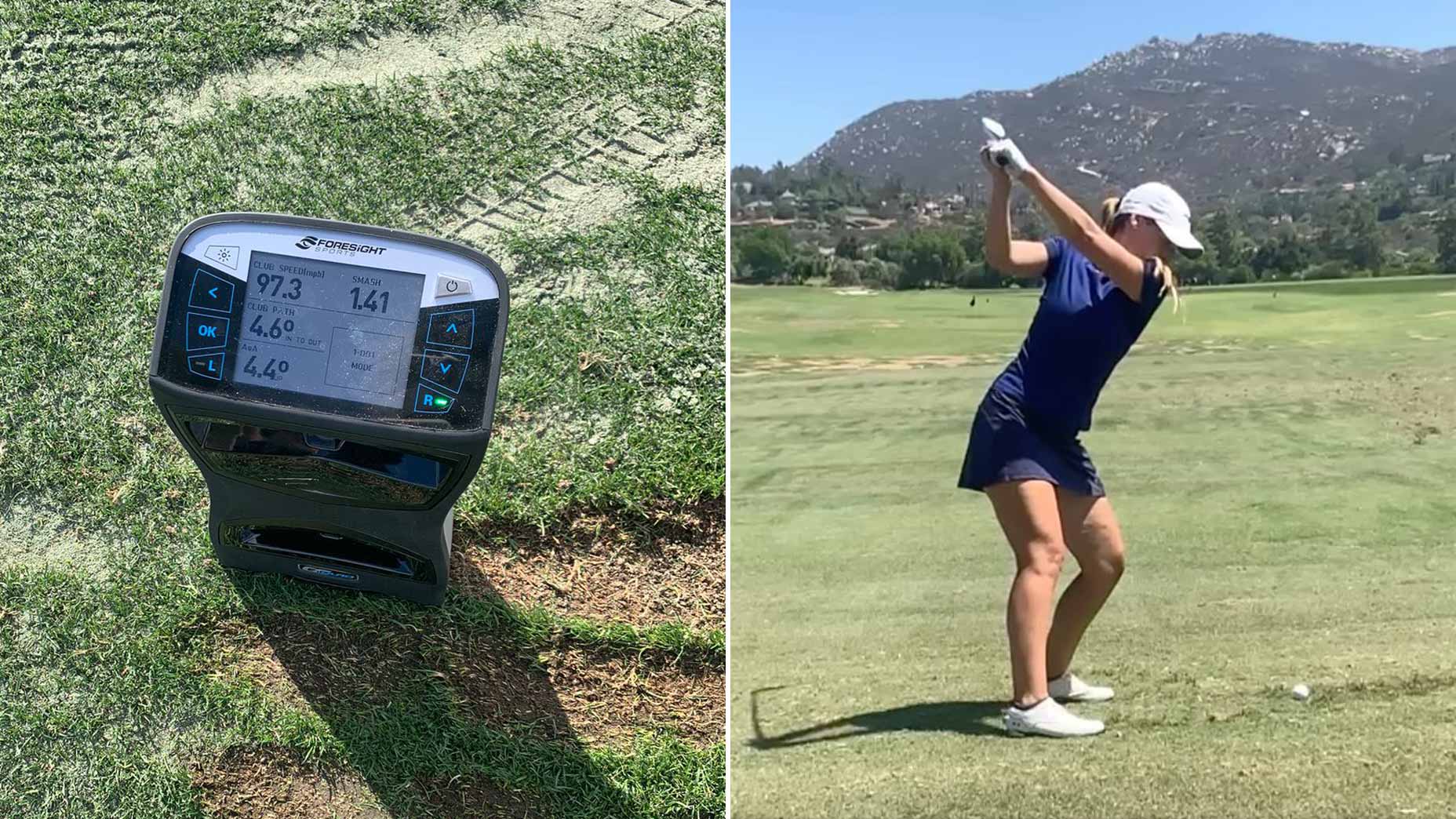 launch monitor and hannah gregg hitting on the range