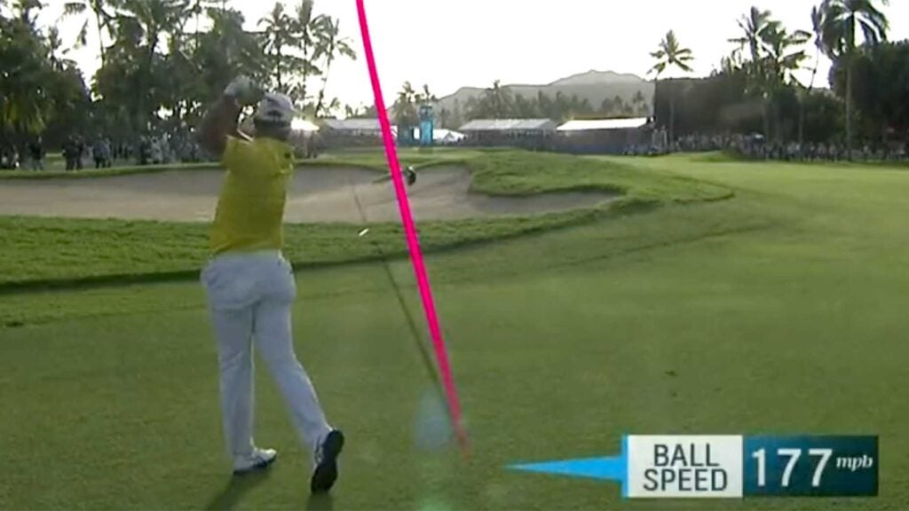 Hideki Matsuyama hits a 3-wood into the first playoff hole at the Sony Open on Sunday.