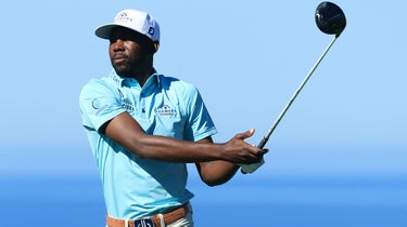 Kamaiu Johnson hits his tee shot on the fifth hole during the second round of The Farmers Insurance Open on the South Course at Torrey Pines Golf Course on January 27, 2022 in La Jolla, California.