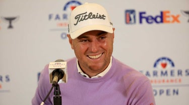 Justin Thomas speaks to the media prior to the Farmers Insurance Open at Torrey Pines on Wednesday.