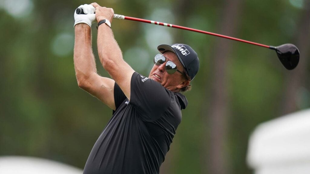 Phil Mickelson tees off during Furyk & Friends tournament