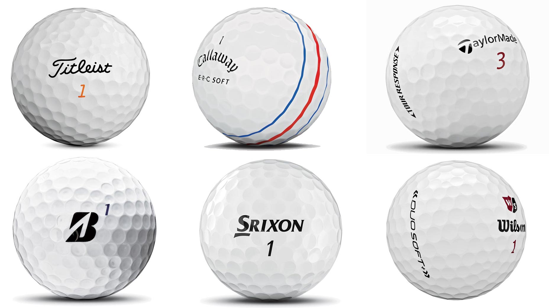 Six golf balls from leading golf ball manufacturers.