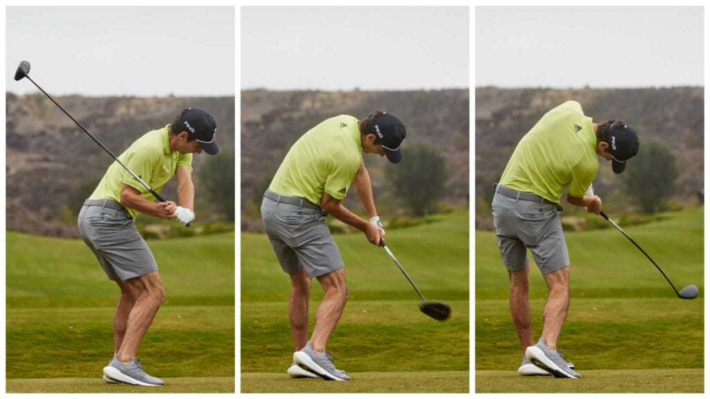 Three frames of Joaquin Niemann hitting a golf shot