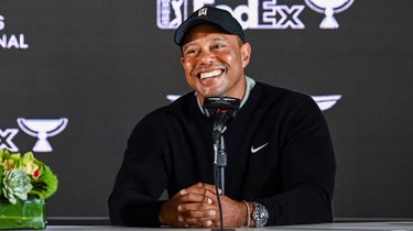 PACIFIC PALISADES, CA - FEBRUARY 16: Tournament host Tiger Woods smiles at a press conference during practice for The Genesis Invitational at Riviera Country Club on February 16, 2022 in Pacific Palisades, California. (Photo by Keyur Khamar/PGA TOUR via Getty Images)