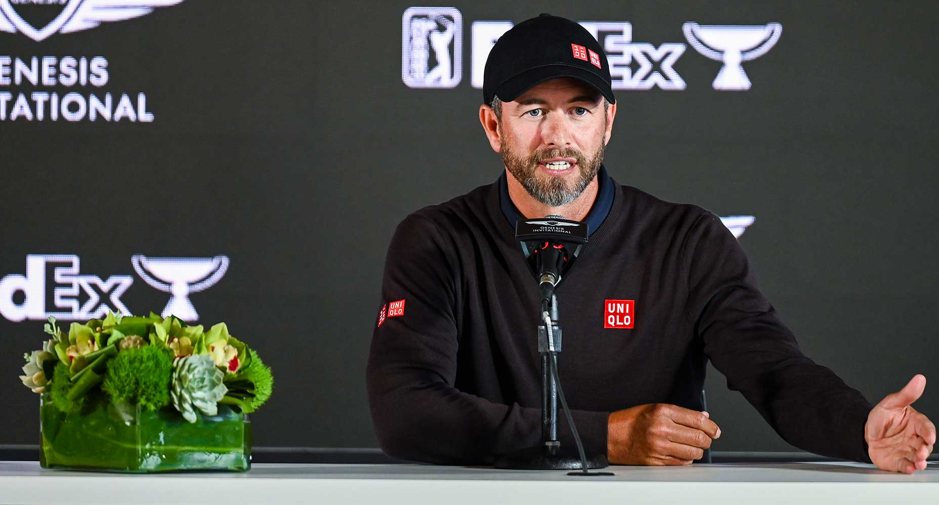 Adam Scott talks to the media on Wednesday at Riviera.