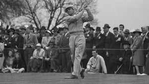 Golf's highest money winner, Ben Hogan, of Hershey, Pennsylvania, is shown swinging his golf club during the opening round of the Masters' Golf Tournament. Hogan carded a 71, one stroke under the course par.